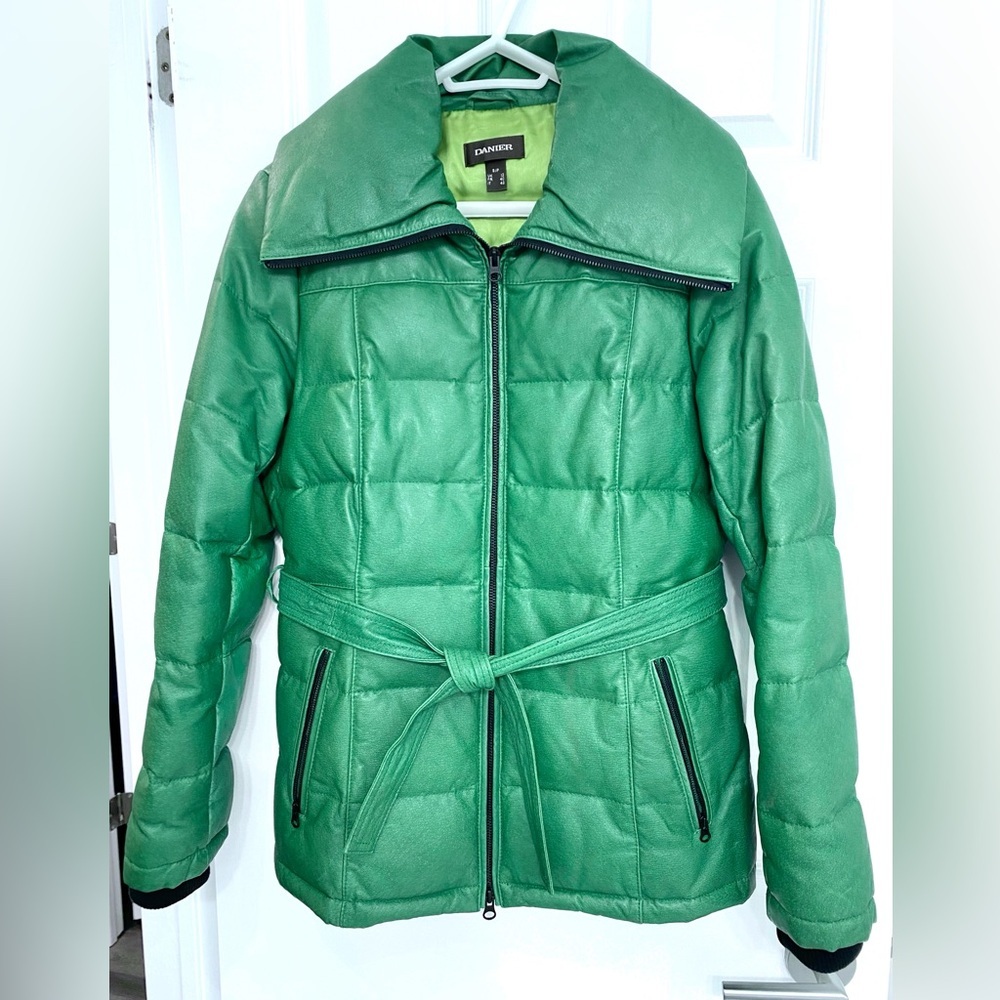 Danier Down Filled Genuine Leather Puffer Coat w/ Waist Tie